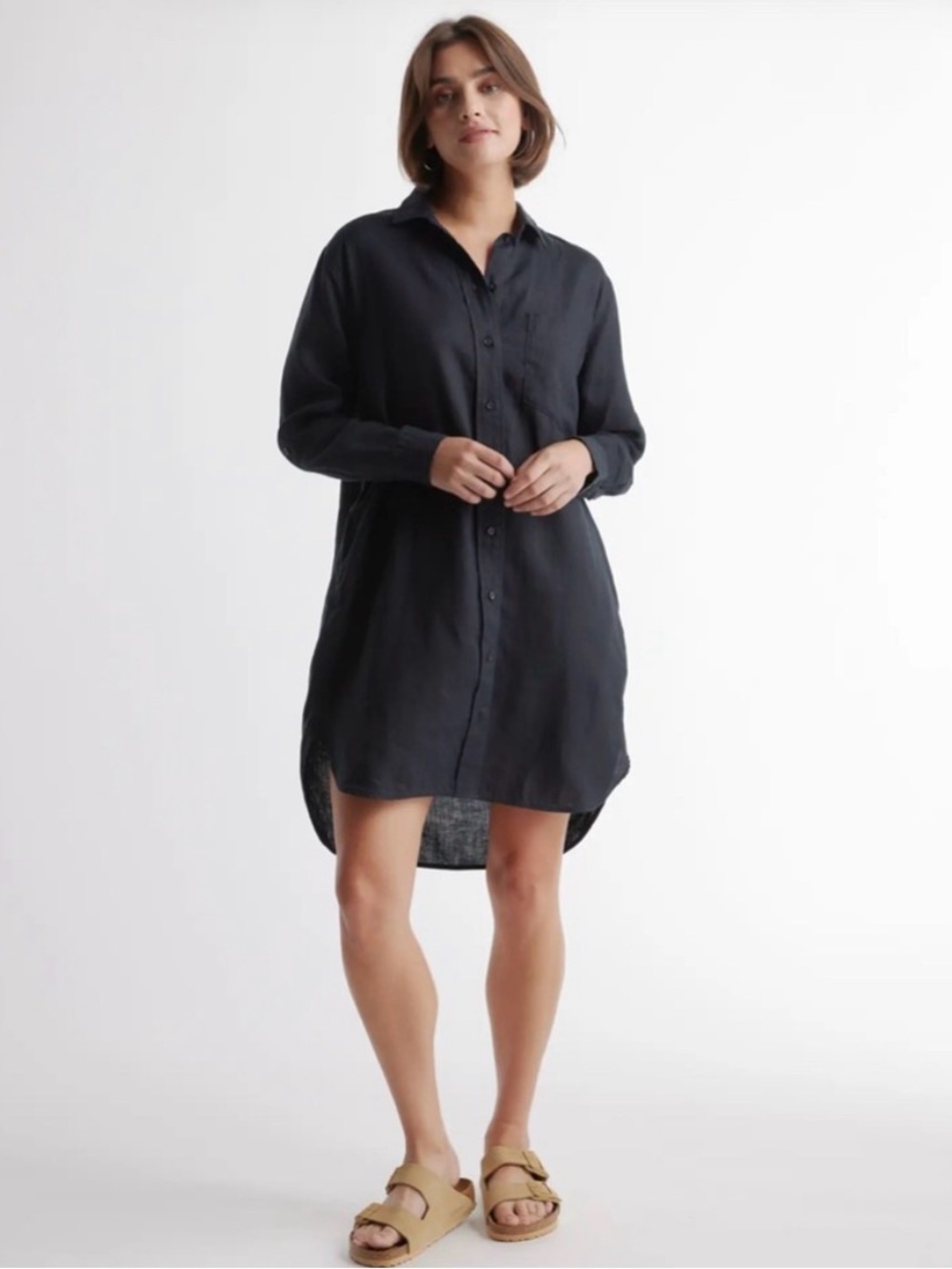 Quince 100% European Linen Black Shirt Dress Button Roll Tap Sleeve Pocket XL